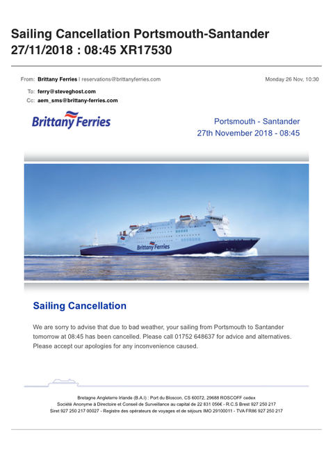 Sailing Cancellation Portsmouth-Santander 27 11 2018   08 45 XR17530